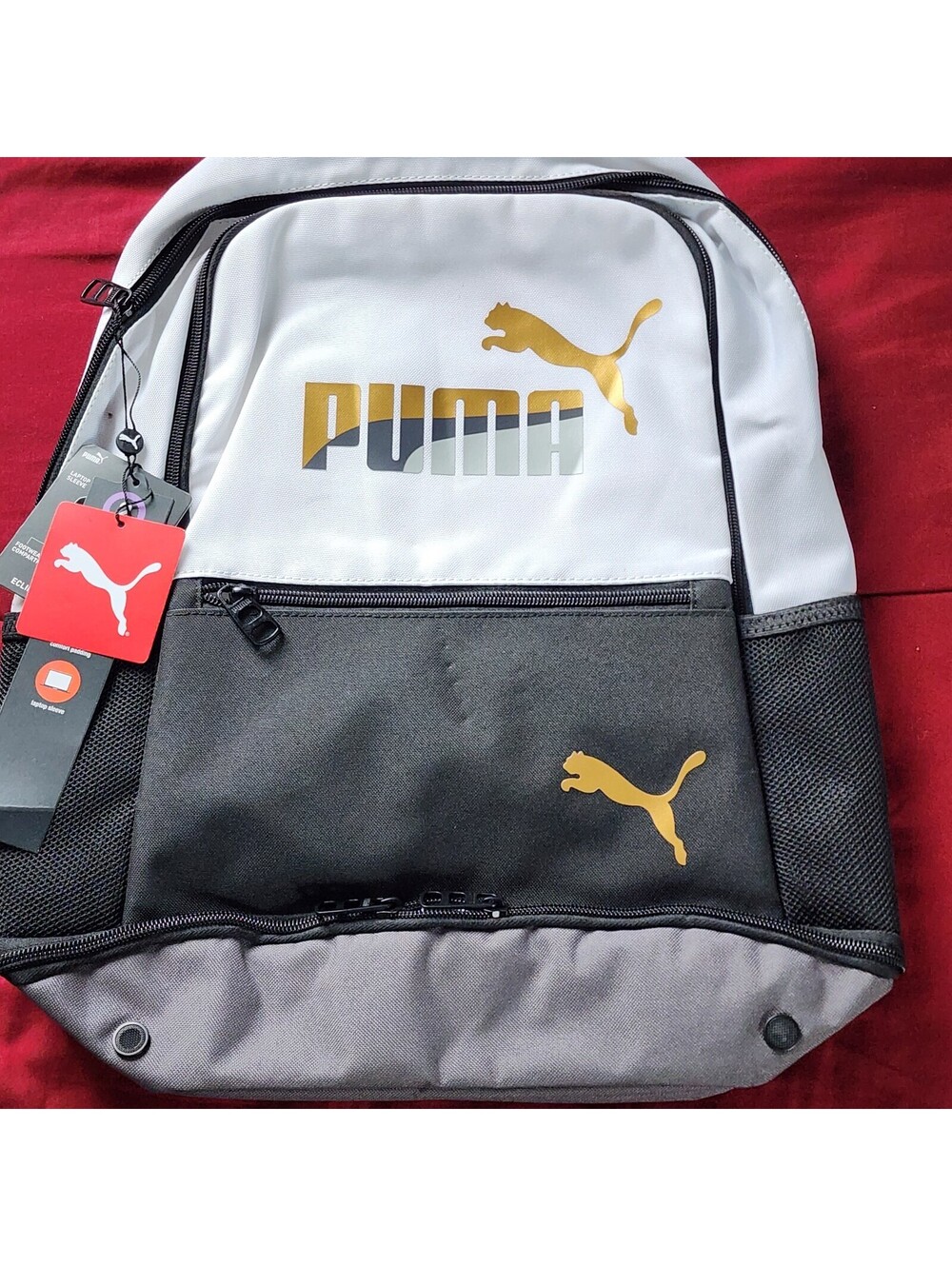 PUMA Men's Backpack White Black Gold Zip Outer Pockets Casual Solid